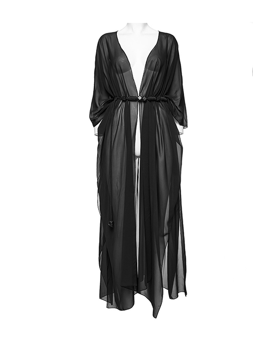 Sexy Loose Black Elegant Chiffon Braided Rope Belt Gothic Style Multi Wear Sun Protection Long Sleeved Jacket