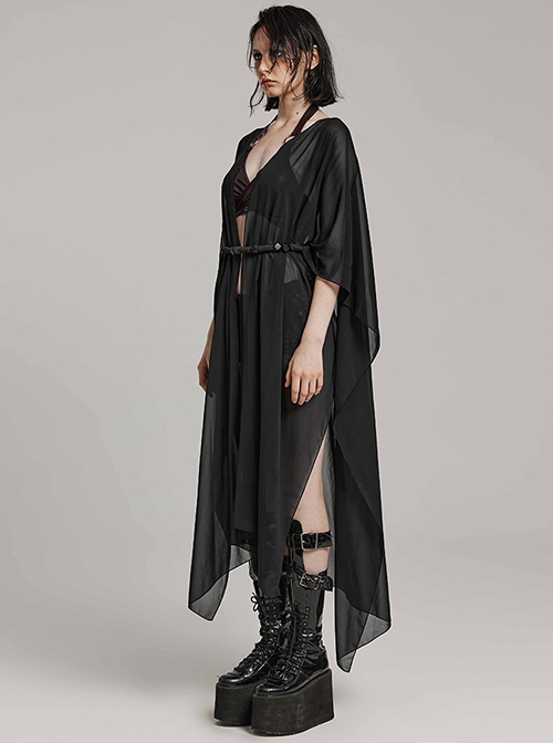Sexy Loose Black Elegant Chiffon Braided Rope Belt Gothic Style Multi Wear Sun Protection Long Sleeved Jacket