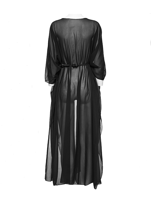 Sexy Loose Black Elegant Chiffon Braided Rope Belt Gothic Style Multi Wear Sun Protection Long Sleeved Jacket
