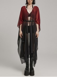 Sexy Loose Black And Red Elegant Chiffon Braided Rope Belt Gothic Style Multi Wear Sun Protection Long Sleeved Jacket
