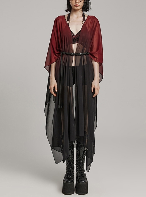 Sexy Loose Black And Red Elegant Chiffon Braided Rope Belt Gothic Style Multi Wear Sun Protection Long Sleeved Jacket