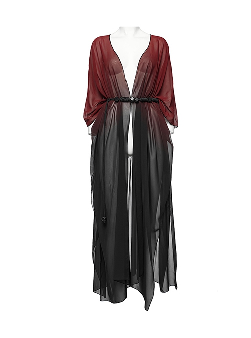 Sexy Loose Black And Red Elegant Chiffon Braided Rope Belt Gothic Style Multi Wear Sun Protection Long Sleeved Jacket