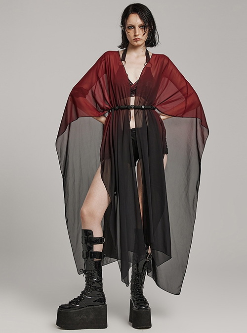 Sexy Loose Black And Red Elegant Chiffon Braided Rope Belt Gothic Style Multi Wear Sun Protection Long Sleeved Jacket