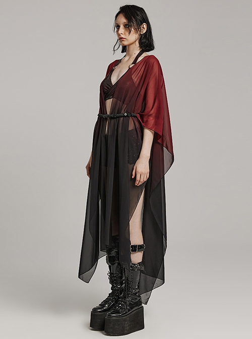 Sexy Loose Black And Red Elegant Chiffon Braided Rope Belt Gothic Style Multi Wear Sun Protection Long Sleeved Jacket