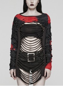 Personalized Black And Red Tattered Knitted Tie Dye Front And Back Hollow Punk Style Loose Long Sleeved T-Shirt