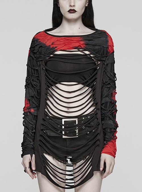 Personalized Black And Red Tattered Knitted Tie Dye Front And Back Hollow Punk Style Loose Long Sleeved T-Shirt