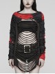 Personalized Black And Red Tattered Knitted Tie Dye Front And Back Hollow Punk Style Loose Long Sleeved T-Shirt
