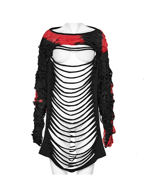 Personalized Black And Red Tattered Knitted Tie Dye Front And Back Hollow Punk Style Loose Long Sleeved T-Shirt