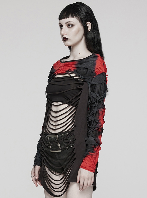 Personalized Black And Red Tattered Knitted Tie Dye Front And Back Hollow Punk Style Loose Long Sleeved T-Shirt