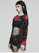 Personalized Black And Red Tattered Knitted Tie Dye Front And Back Hollow Punk Style Loose Long Sleeved T-Shirt