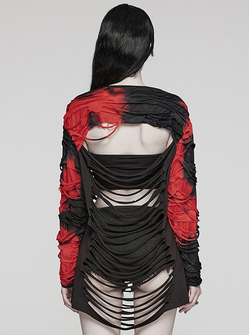 Personalized Black And Red Tattered Knitted Tie Dye Front And Back Hollow Punk Style Loose Long Sleeved T-Shirt