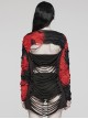 Personalized Black And Red Tattered Knitted Tie Dye Front And Back Hollow Punk Style Loose Long Sleeved T-Shirt