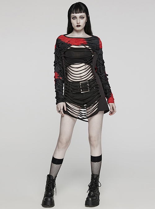 Personalized Black And Red Tattered Knitted Tie Dye Front And Back Hollow Punk Style Loose Long Sleeved T-Shirt