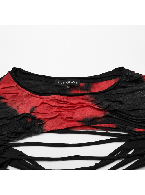 Personalized Black And Red Tattered Knitted Tie Dye Front And Back Hollow Punk Style Loose Long Sleeved T-Shirt