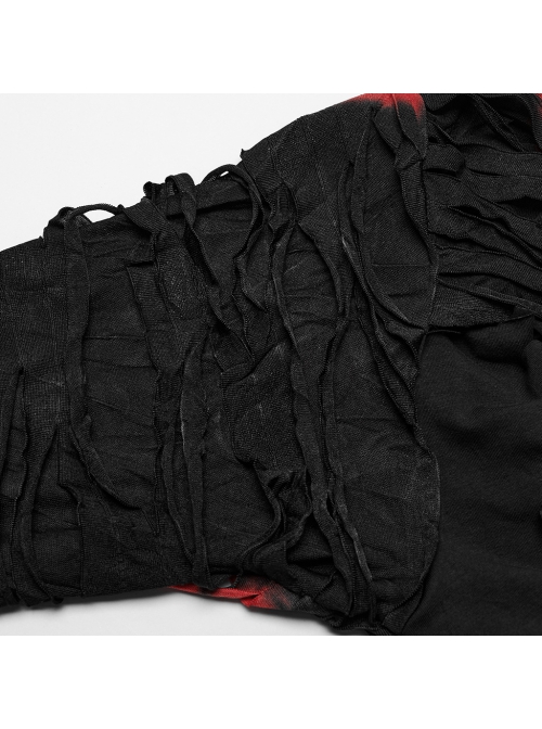 Personalized Black And Red Tattered Knitted Tie Dye Front And Back Hollow Punk Style Loose Long Sleeved T-Shirt