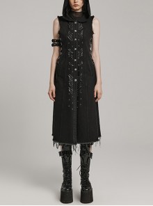 Black Non Stretch Denim Raw Edge Side Drawstring Link Front Center Pin Decoration Punk Style Decadent Hooded Long Vest