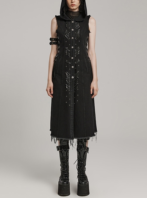 Black Non Stretch Denim Raw Edge Side Drawstring Link Front Center Pin Decoration Punk Style Decadent Hooded Long Vest