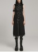 Black Non Stretch Denim Raw Edge Side Drawstring Link Front Center Pin Decoration Punk Style Decadent Hooded Long Vest