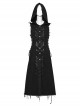 Black Non Stretch Denim Raw Edge Side Drawstring Link Front Center Pin Decoration Punk Style Decadent Hooded Long Vest