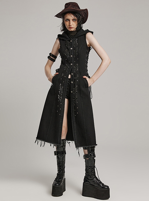 Black Non Stretch Denim Raw Edge Side Drawstring Link Front Center Pin Decoration Punk Style Decadent Hooded Long Vest