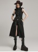 Black Non Stretch Denim Raw Edge Side Drawstring Link Front Center Pin Decoration Punk Style Decadent Hooded Long Vest