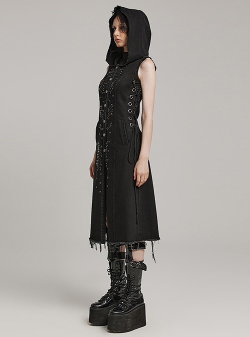 Black Non Stretch Denim Raw Edge Side Drawstring Link Front Center Pin Decoration Punk Style Decadent Hooded Long Vest