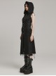 Black Non Stretch Denim Raw Edge Side Drawstring Link Front Center Pin Decoration Punk Style Decadent Hooded Long Vest