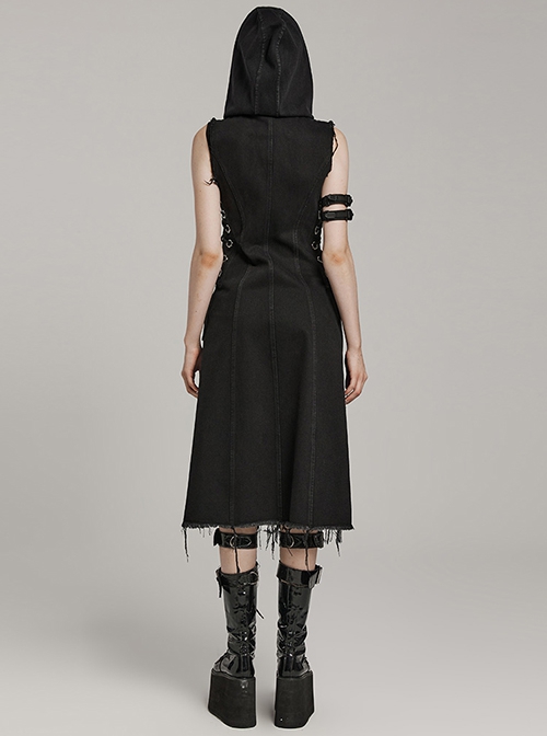 Black Non Stretch Denim Raw Edge Side Drawstring Link Front Center Pin Decoration Punk Style Decadent Hooded Long Vest