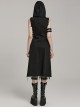 Black Non Stretch Denim Raw Edge Side Drawstring Link Front Center Pin Decoration Punk Style Decadent Hooded Long Vest