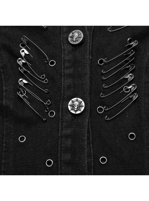 Black Non Stretch Denim Raw Edge Side Drawstring Link Front Center Pin Decoration Punk Style Decadent Hooded Long Vest