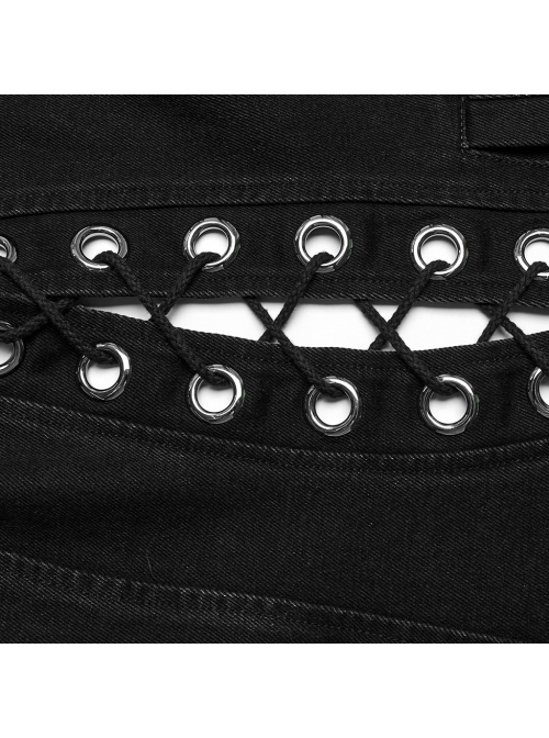 Black Non Stretch Denim Raw Edge Side Drawstring Link Front Center Pin Decoration Punk Style Decadent Hooded Long Vest