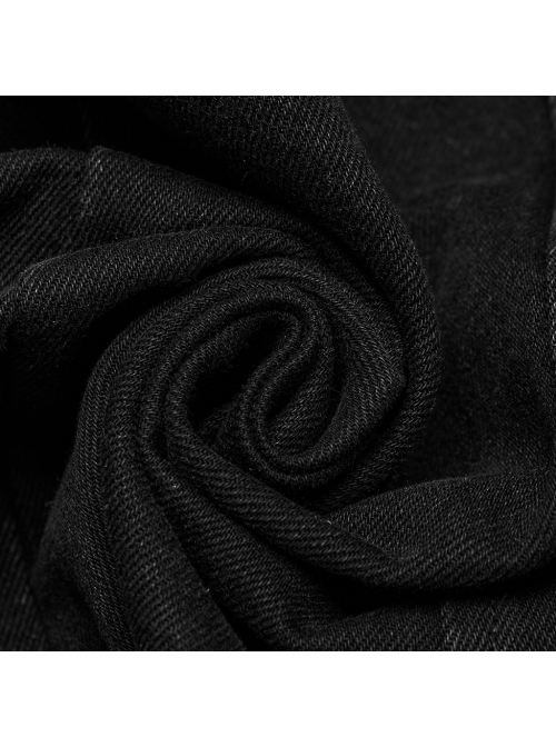 Black Non Stretch Denim Raw Edge Side Drawstring Link Front Center Pin Decoration Punk Style Decadent Hooded Long Vest