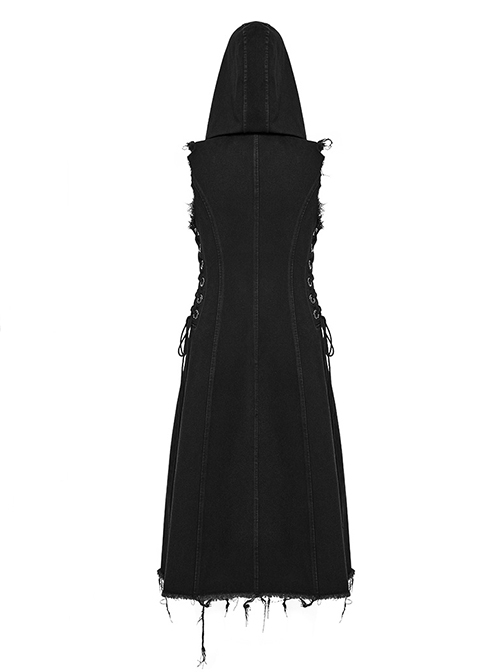 Black Non Stretch Denim Raw Edge Side Drawstring Link Front Center Pin Decoration Punk Style Decadent Hooded Long Vest
