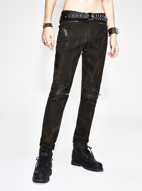Ax-Winged Embroidered Irregular Pattern Zipper Brown Punk Pants