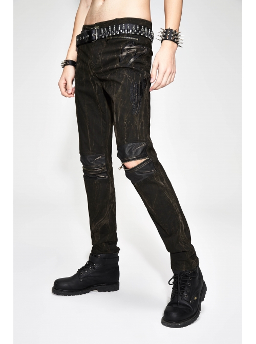 Ax-Winged Embroidered Irregular Pattern Zipper Brown Punk Pants