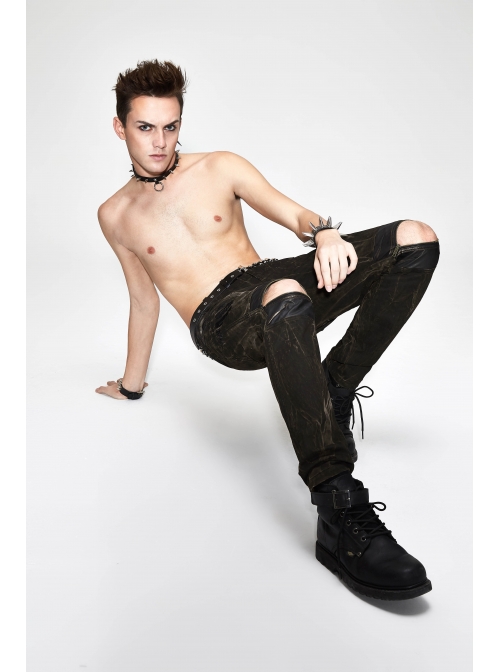 Ax-Winged Embroidered Irregular Pattern Zipper Brown Punk Pants