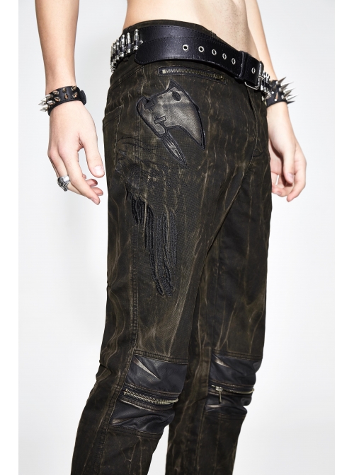 Ax-Winged Embroidered Irregular Pattern Zipper Brown Punk Pants