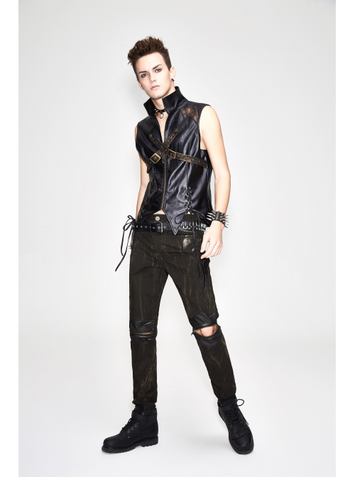 Ax-Winged Embroidered Irregular Pattern Zipper Brown Punk Pants