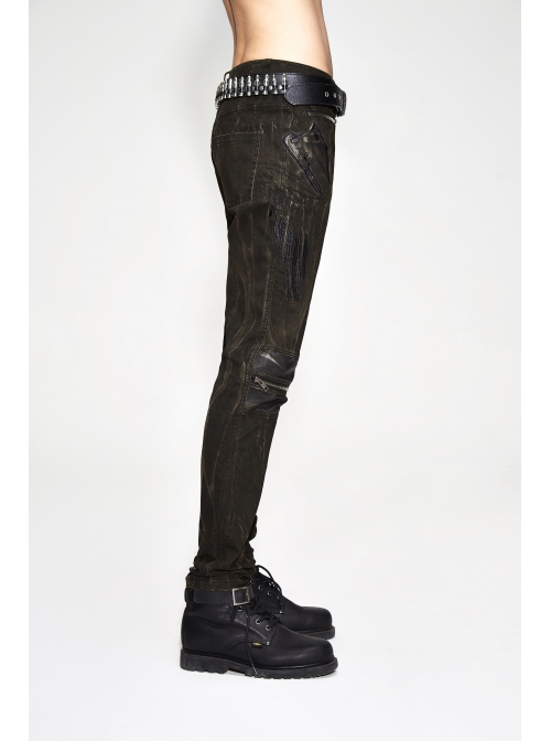 Ax-Winged Embroidered Irregular Pattern Zipper Brown Punk Pants
