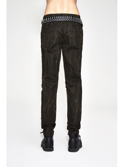 Ax-Winged Embroidered Irregular Pattern Zipper Brown Punk Pants