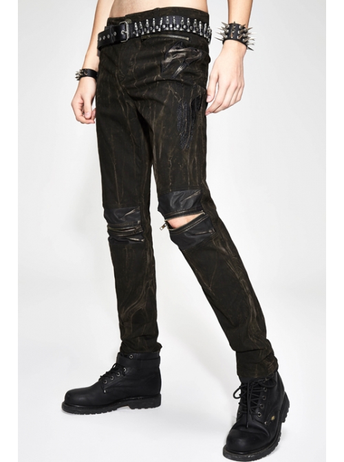 Ax-Winged Embroidered Irregular Pattern Zipper Brown Punk Pants