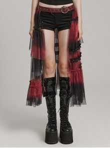 Black And Red Slightly Through Asymmetric Layered Mesh Crackled Leather Belt Punk Style Mesh Skirt