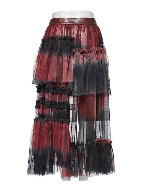 Black And Red Slightly Through Asymmetric Layered Mesh Crackled Leather Belt Punk Style Mesh Skirt