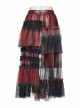 Black And Red Slightly Through Asymmetric Layered Mesh Crackled Leather Belt Punk Style Mesh Skirt
