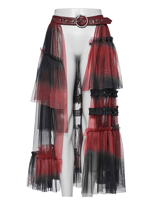 Black And Red Slightly Through Asymmetric Layered Mesh Crackled Leather Belt Punk Style Mesh Skirt