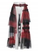 Black And Red Slightly Through Asymmetric Layered Mesh Crackled Leather Belt Punk Style Mesh Skirt