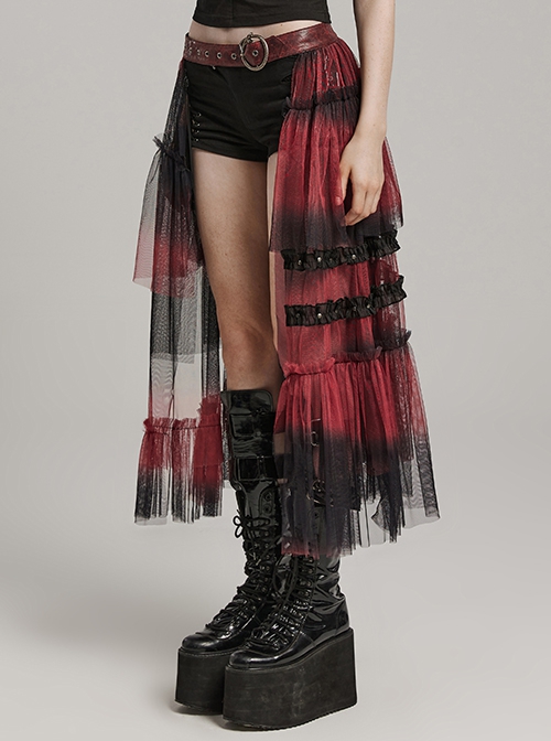 Black And Red Slightly Through Asymmetric Layered Mesh Crackled Leather Belt Punk Style Mesh Skirt