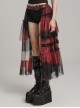 Black And Red Slightly Through Asymmetric Layered Mesh Crackled Leather Belt Punk Style Mesh Skirt