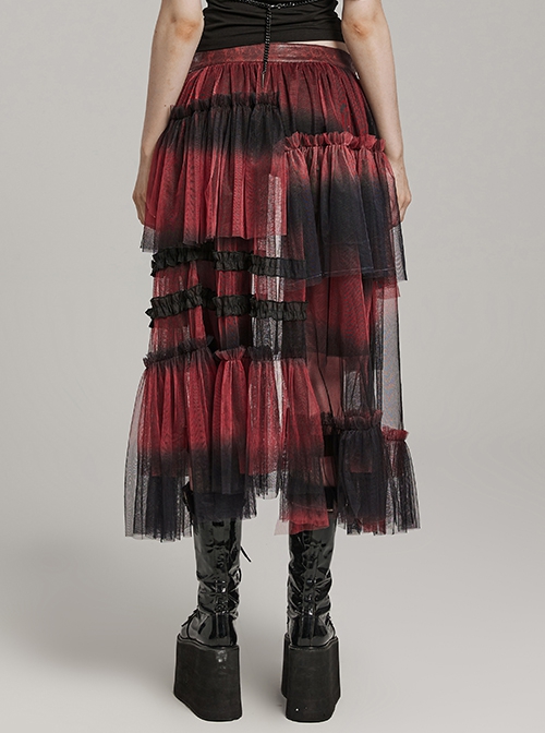 Black And Red Slightly Through Asymmetric Layered Mesh Crackled Leather Belt Punk Style Mesh Skirt