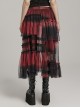 Black And Red Slightly Through Asymmetric Layered Mesh Crackled Leather Belt Punk Style Mesh Skirt